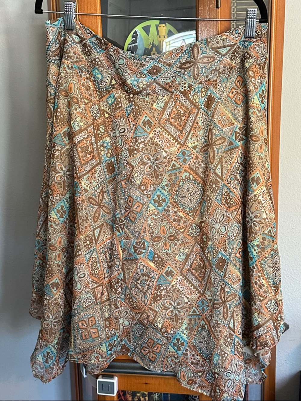 A-Line Y2K Printed Midi Skirt in Beige and Teal